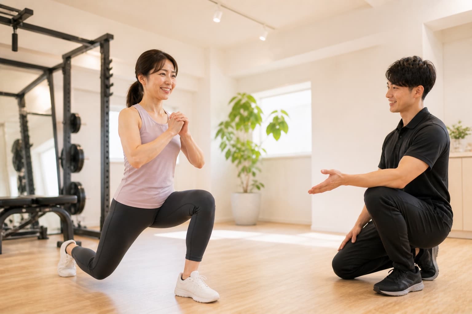 笑顔でトレーニングする30代女性
