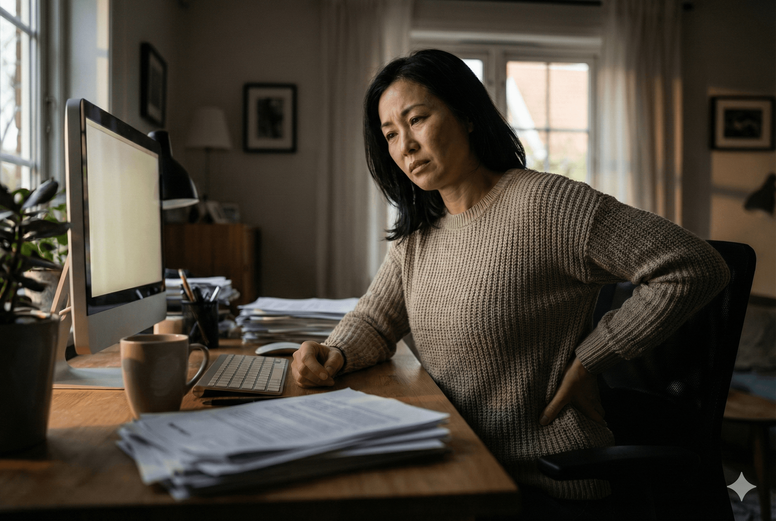 デスクワークで腰を押さえる女性