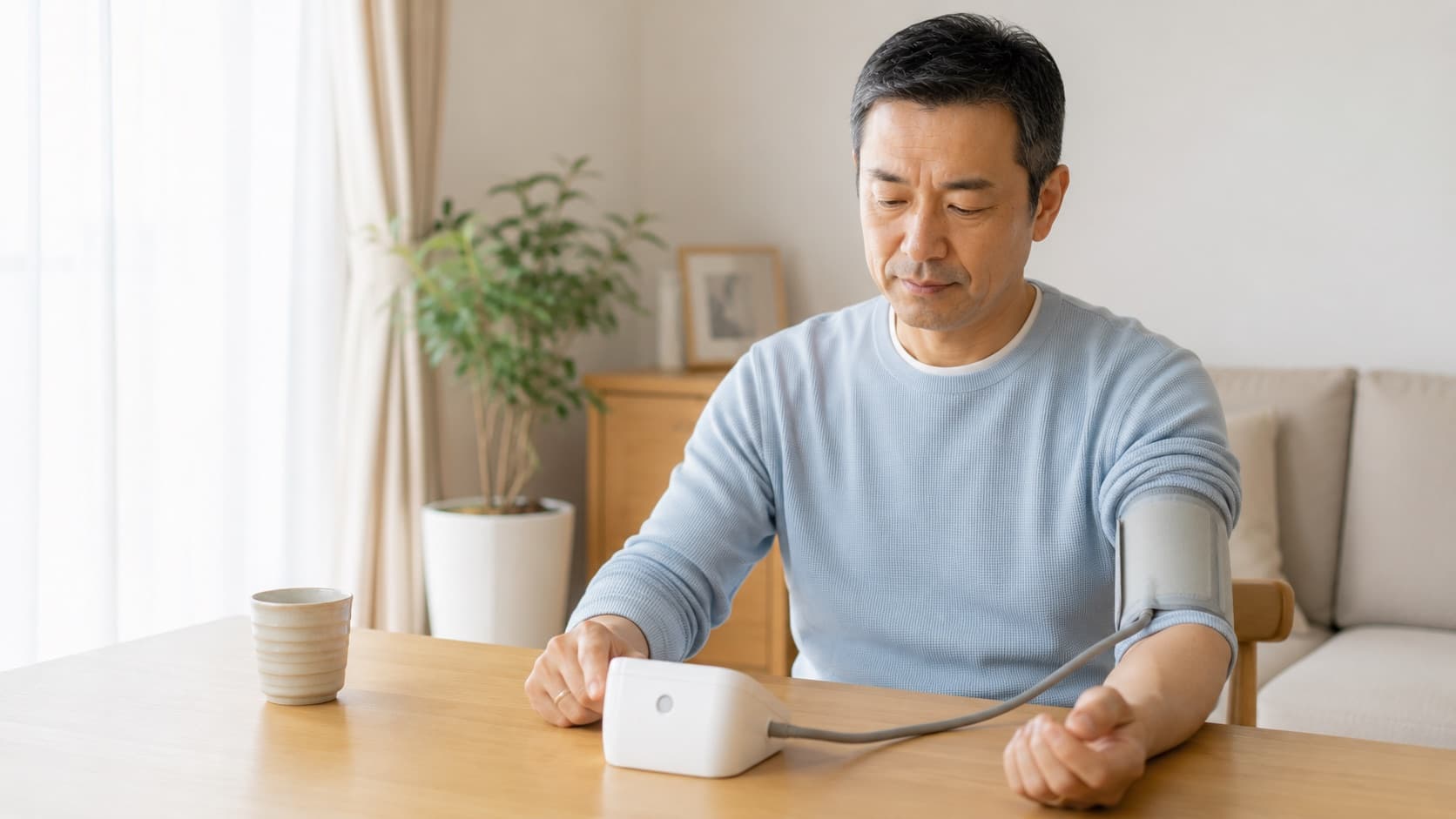 自宅で血圧を測る男性