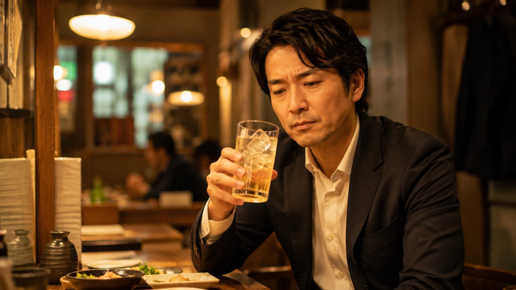 居酒屋でハイボールを前に考えるビジネスパーソン