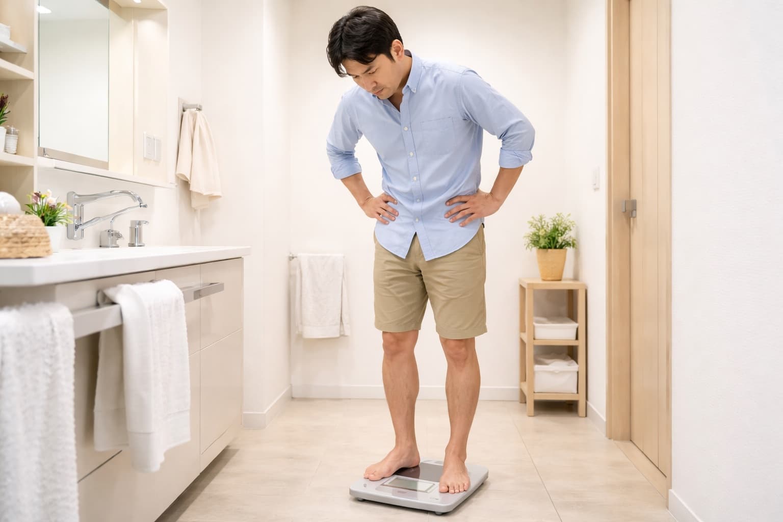 デスクに向かいながらお腹周りを気にする男性