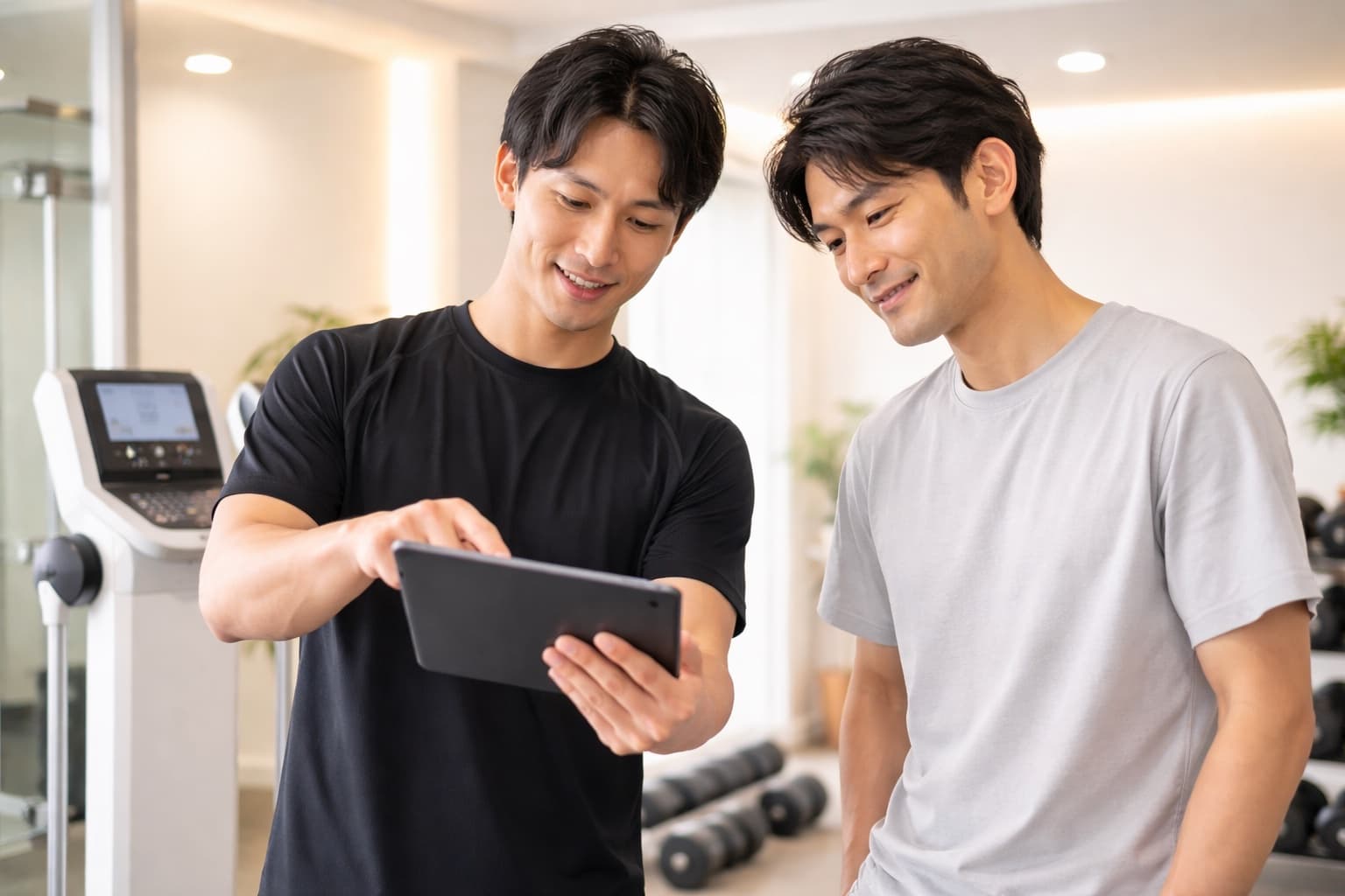 パーソナルトレーナーと体組成を確認する男性