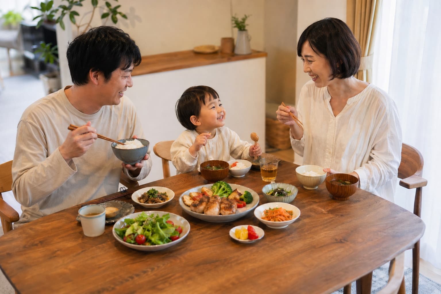 家族と一緒に食卓を囲む産後の女性