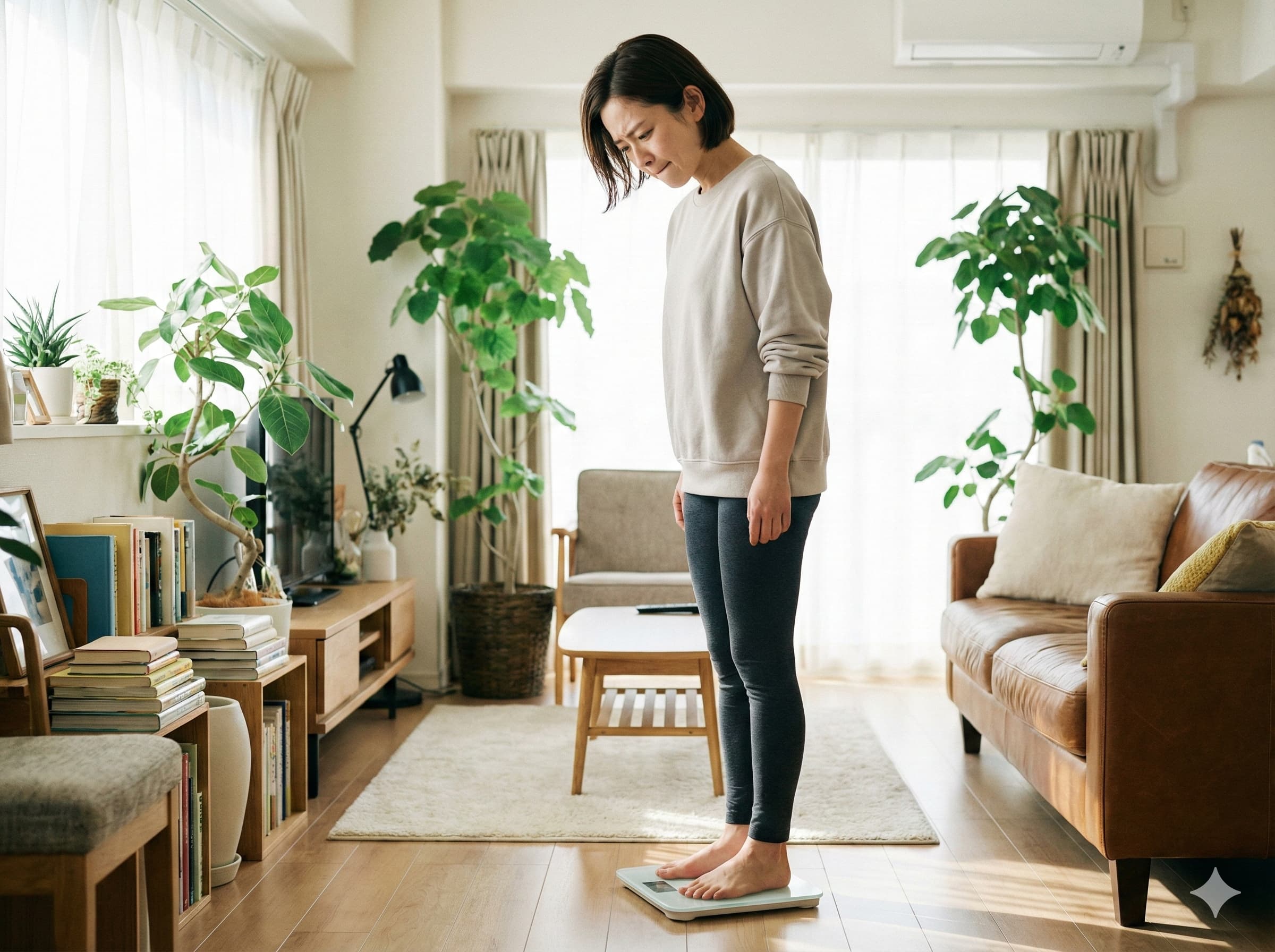 体重計を見て悩む女性