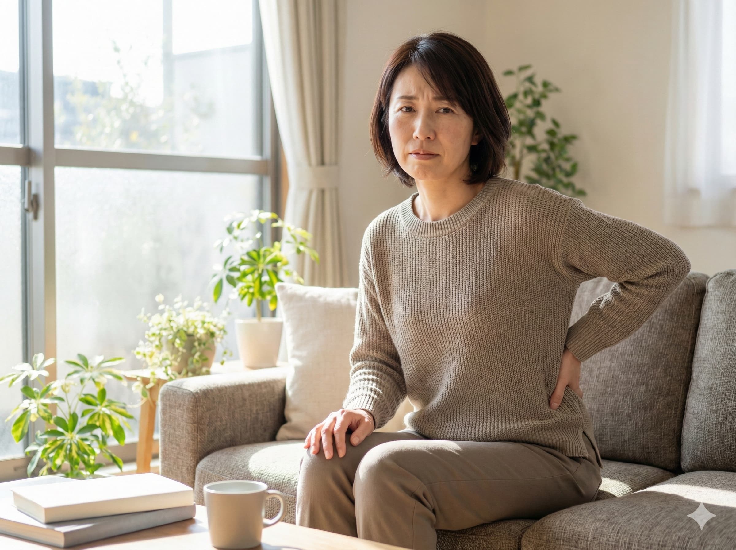 腰に手を当てて悩む中年の方