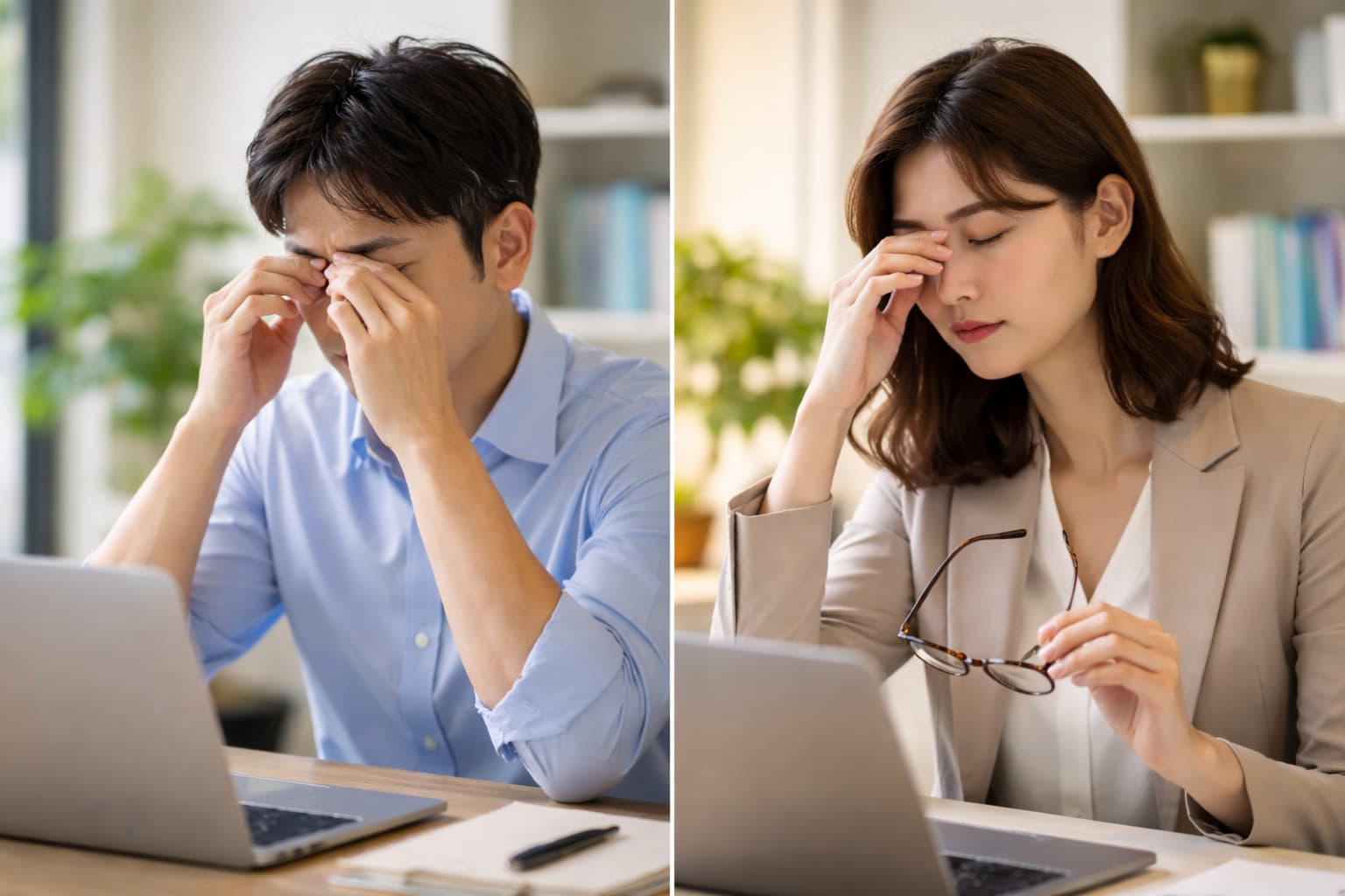 疲れを感じながらデスクワークをする人