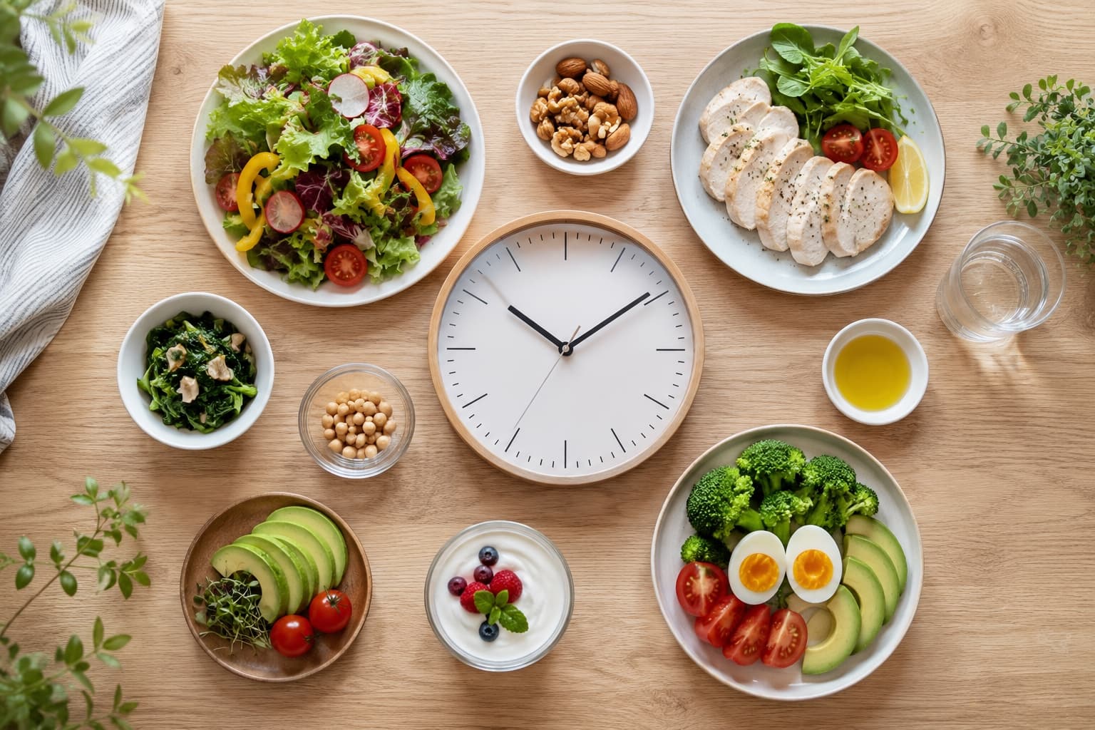 16時間断食の食事スケジュールをイメージした時計と食事