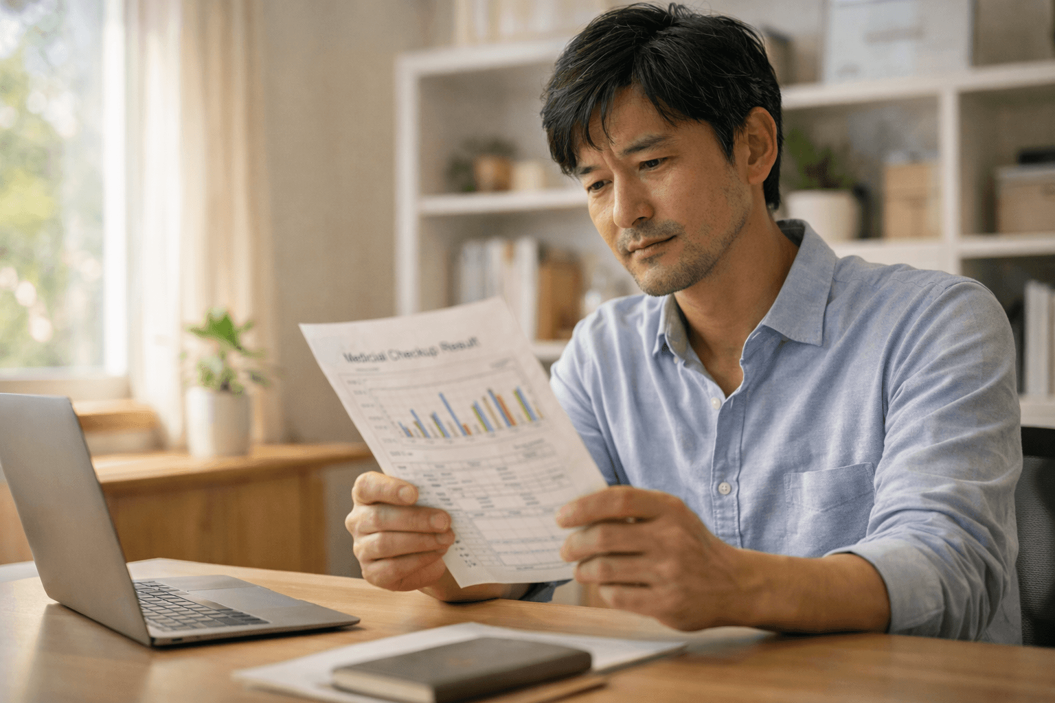 健康診断の結果を見て考え込む様子