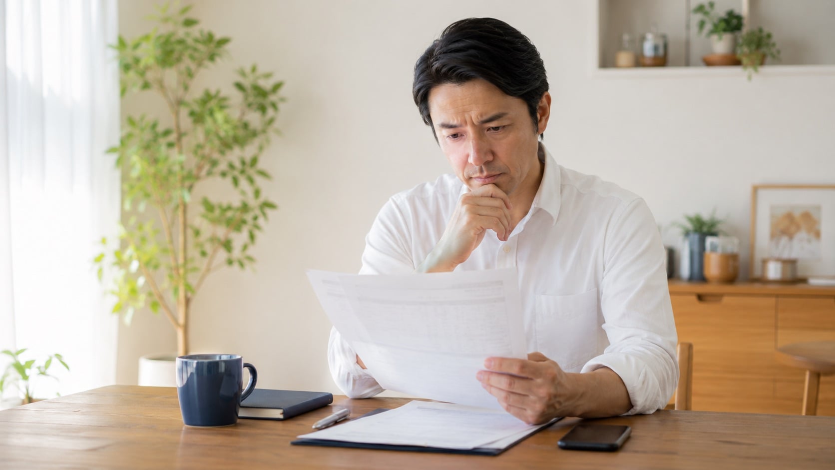 健康診断の結果票を見て考え込む30〜50代のビジネスパーソン
