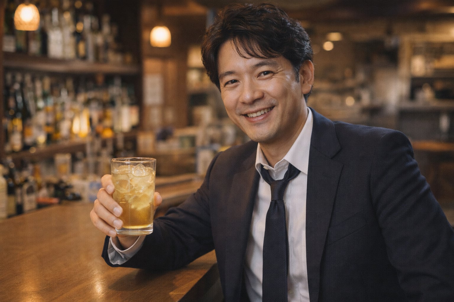 仕事帰りにお酒を楽しむビジネスマン