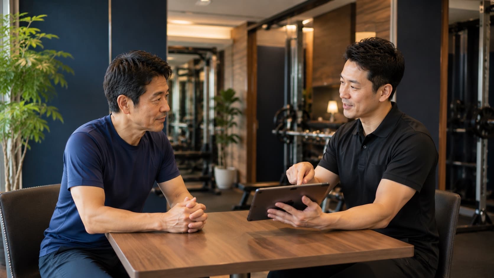 トレーナーと相談しながら計画を立てる50代男性のイメージ