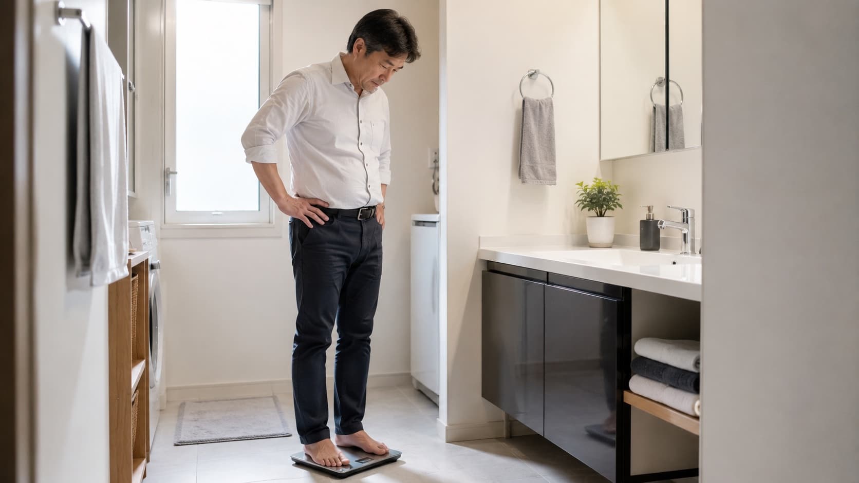 体重計を見て戸惑う50代男性のイメージ