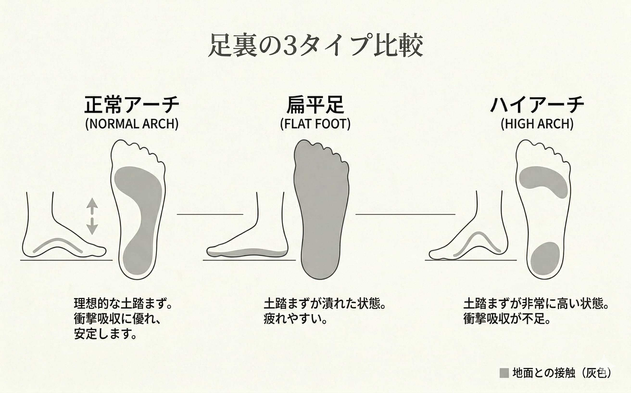 足のアーチ3タイプの比較図
