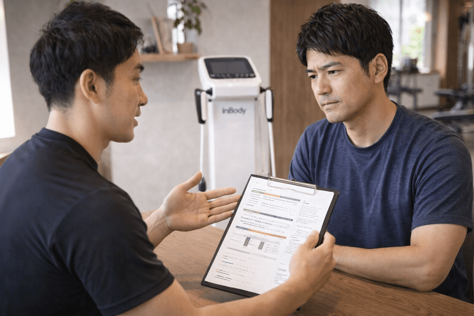 トレーナーとカウンセリングをする40代の方