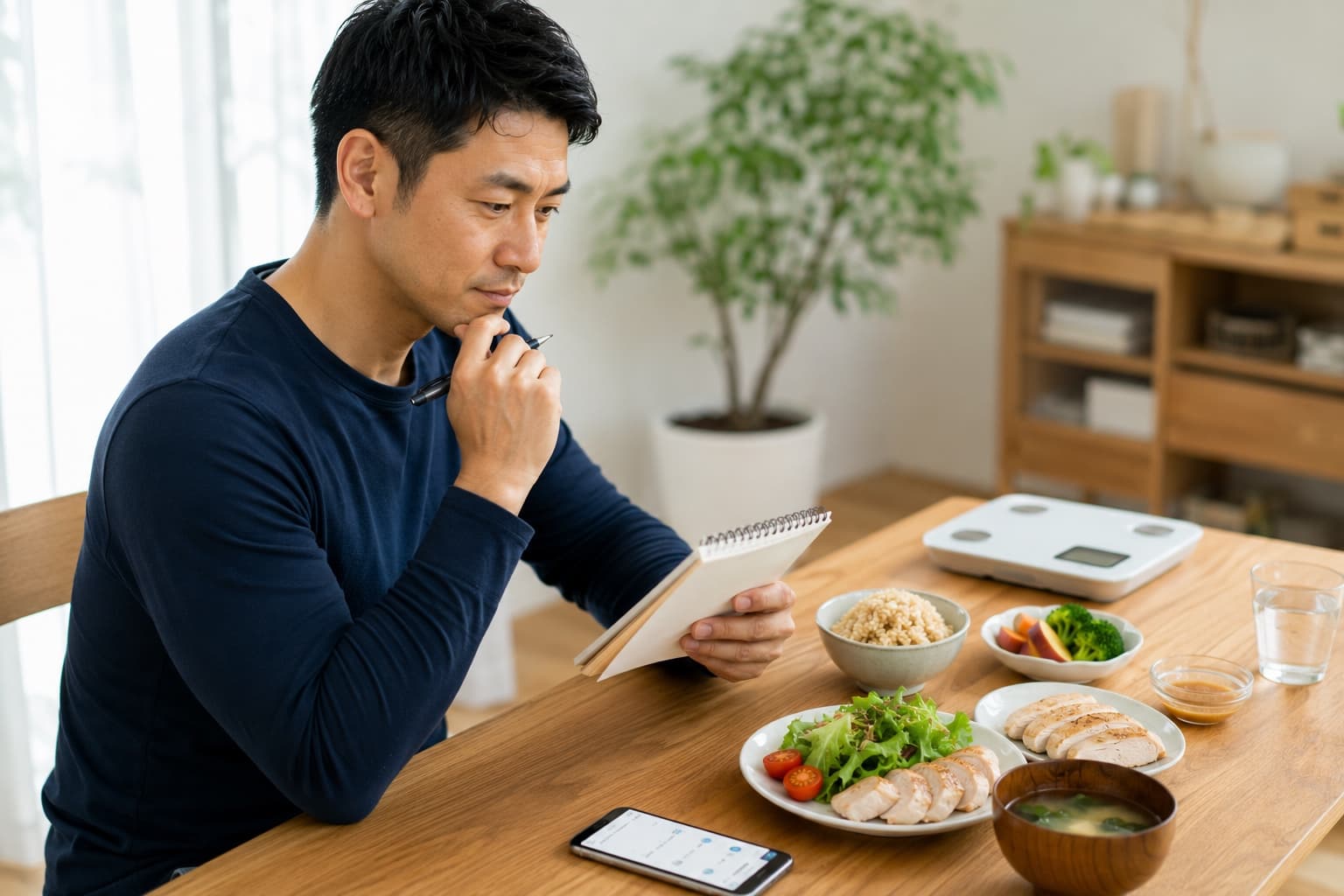 食事メモを取りながら低脂質メニューを確認する様子
