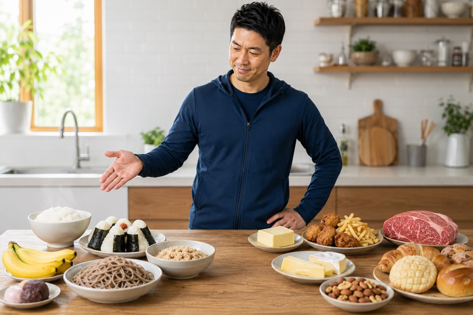 低脂質の食材と高脂質の食材を見比べる様子