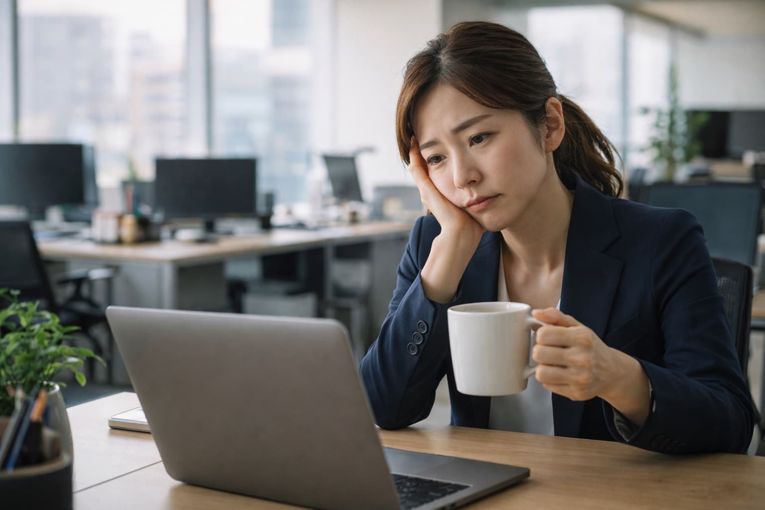 デスクワークで疲れを感じるビジネスパーソン