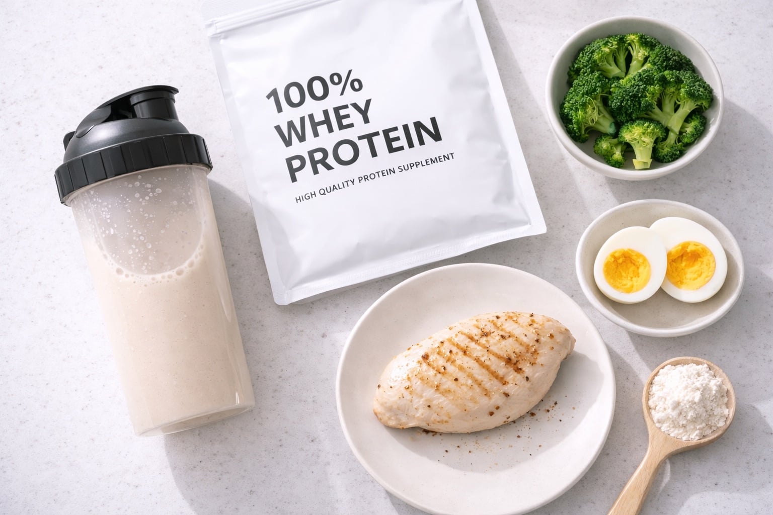 プロテインシェイカーと食材が並ぶ写真
