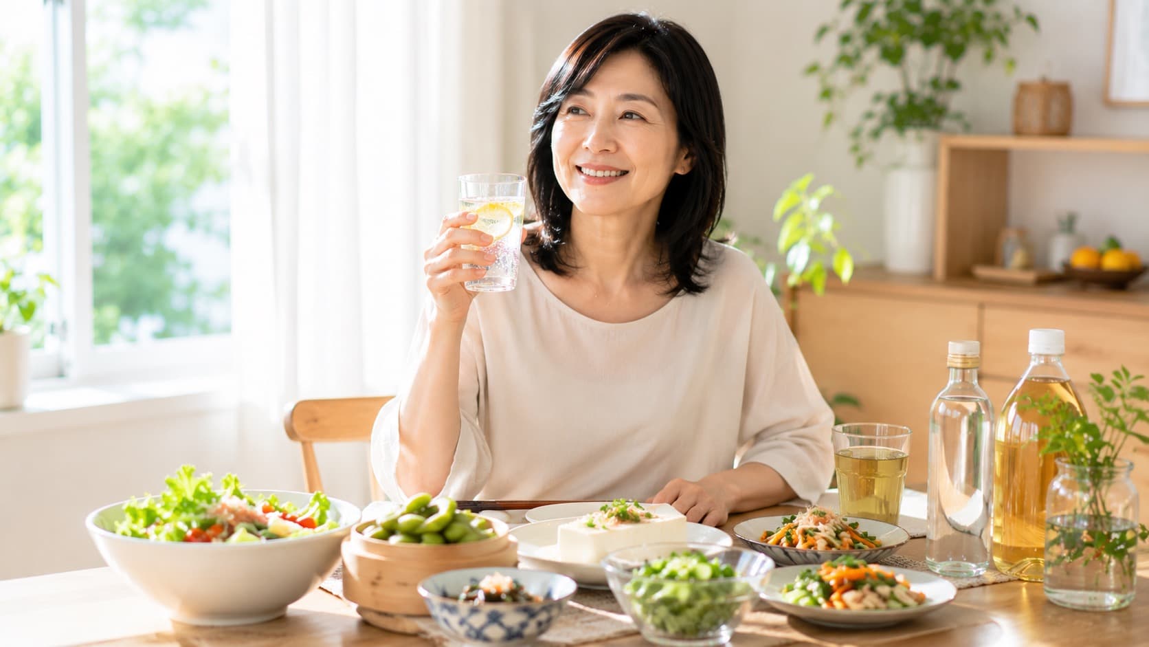 炭酸水やお茶で無理なく節酒を続ける女性のイメージ