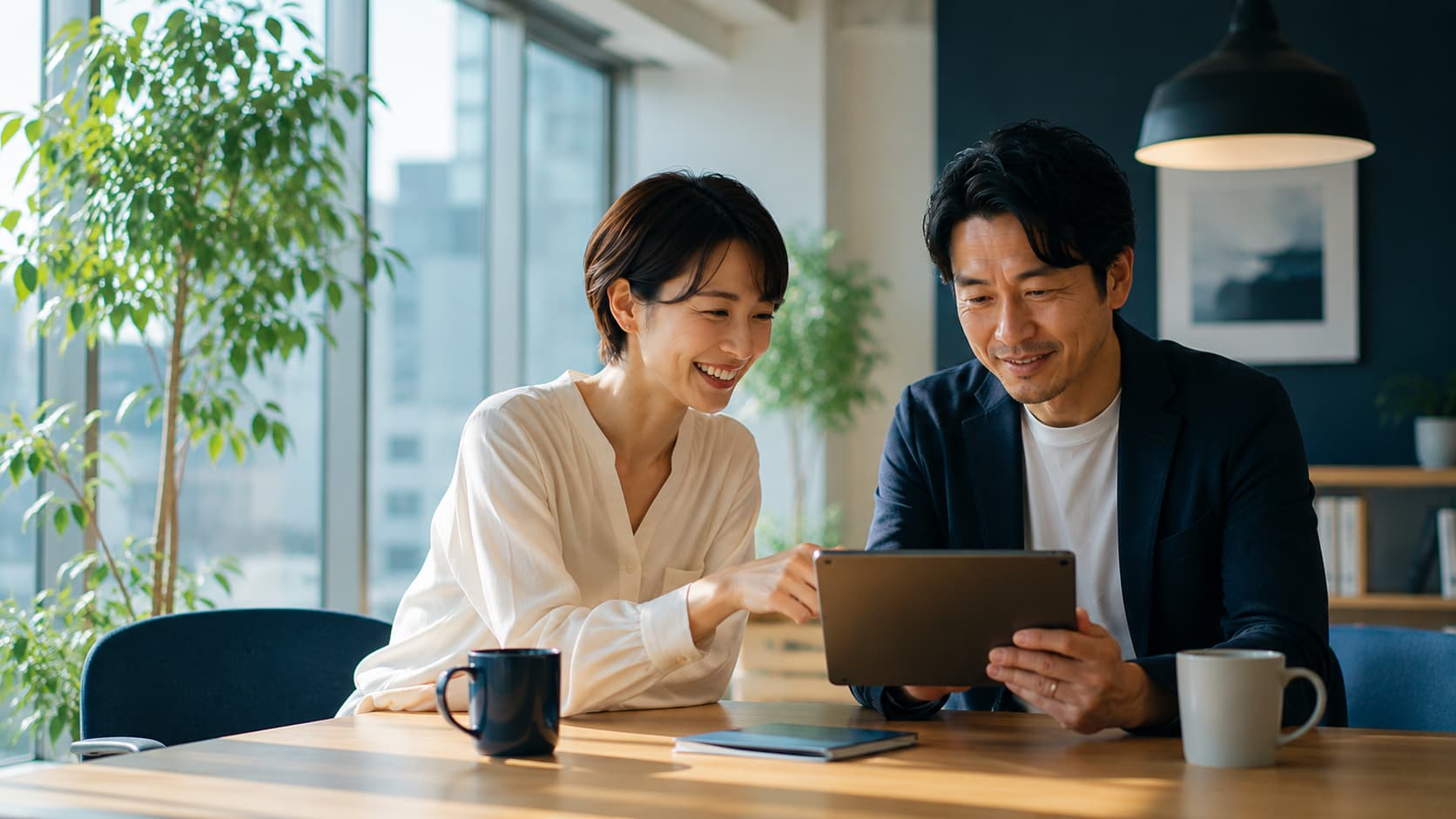 オフィスで自然に会話するビジネスパーソン。実施企業の様子