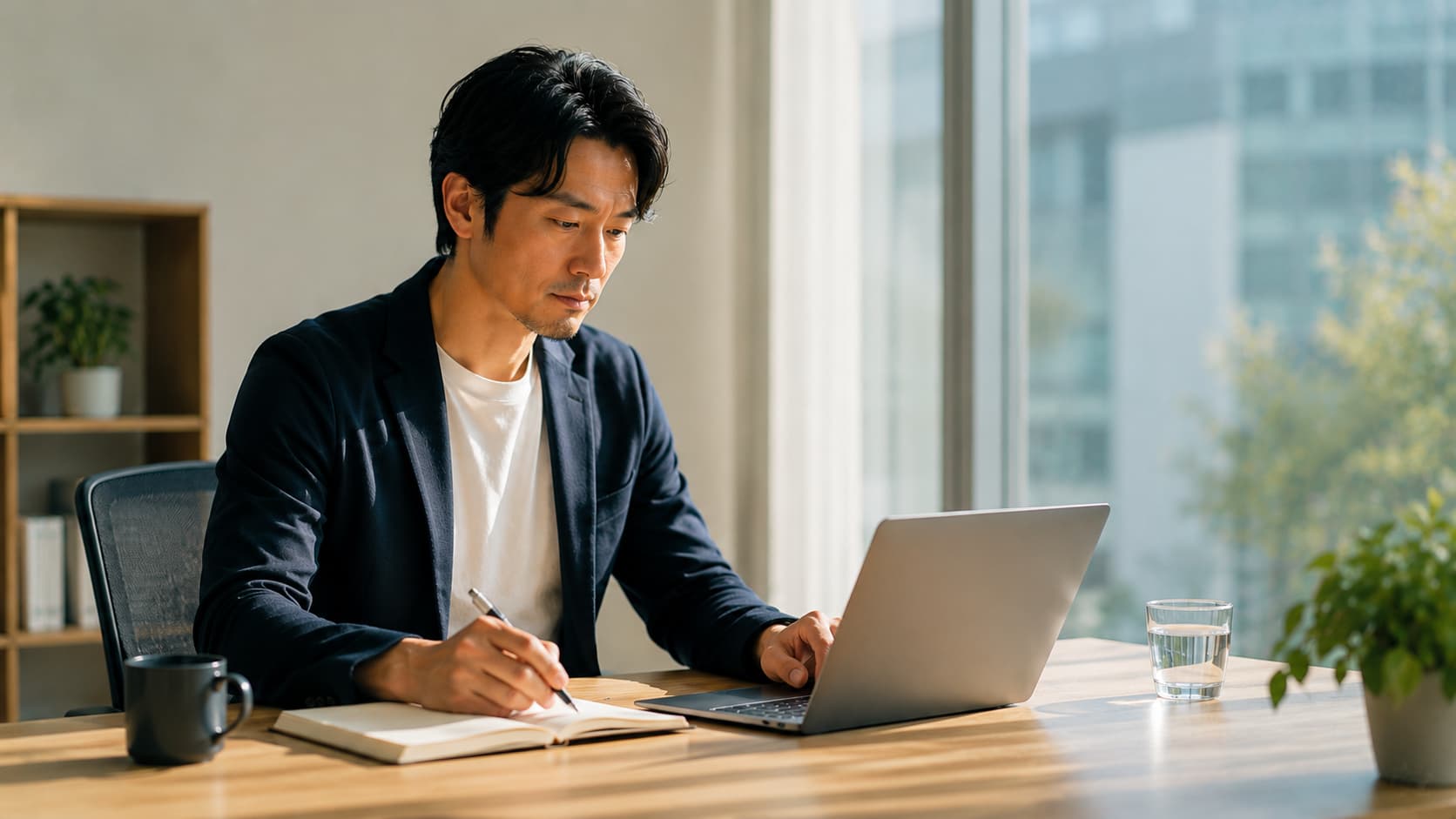 自然光が差し込むデスクで集中して仕事をするビジネスパーソン