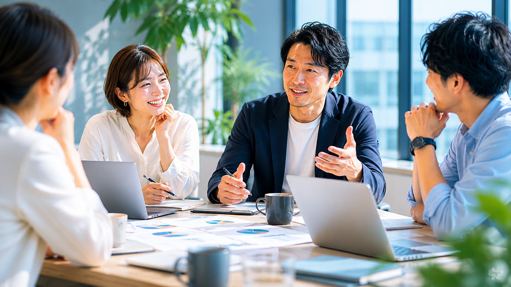 明るいオフィスで活発に議論するチームミーティング