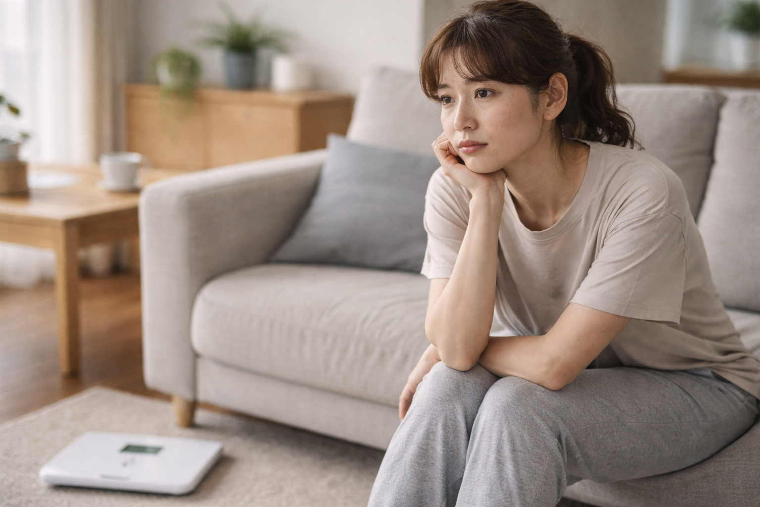 ダイエットに悩み、体重計の前で落ち込む女性