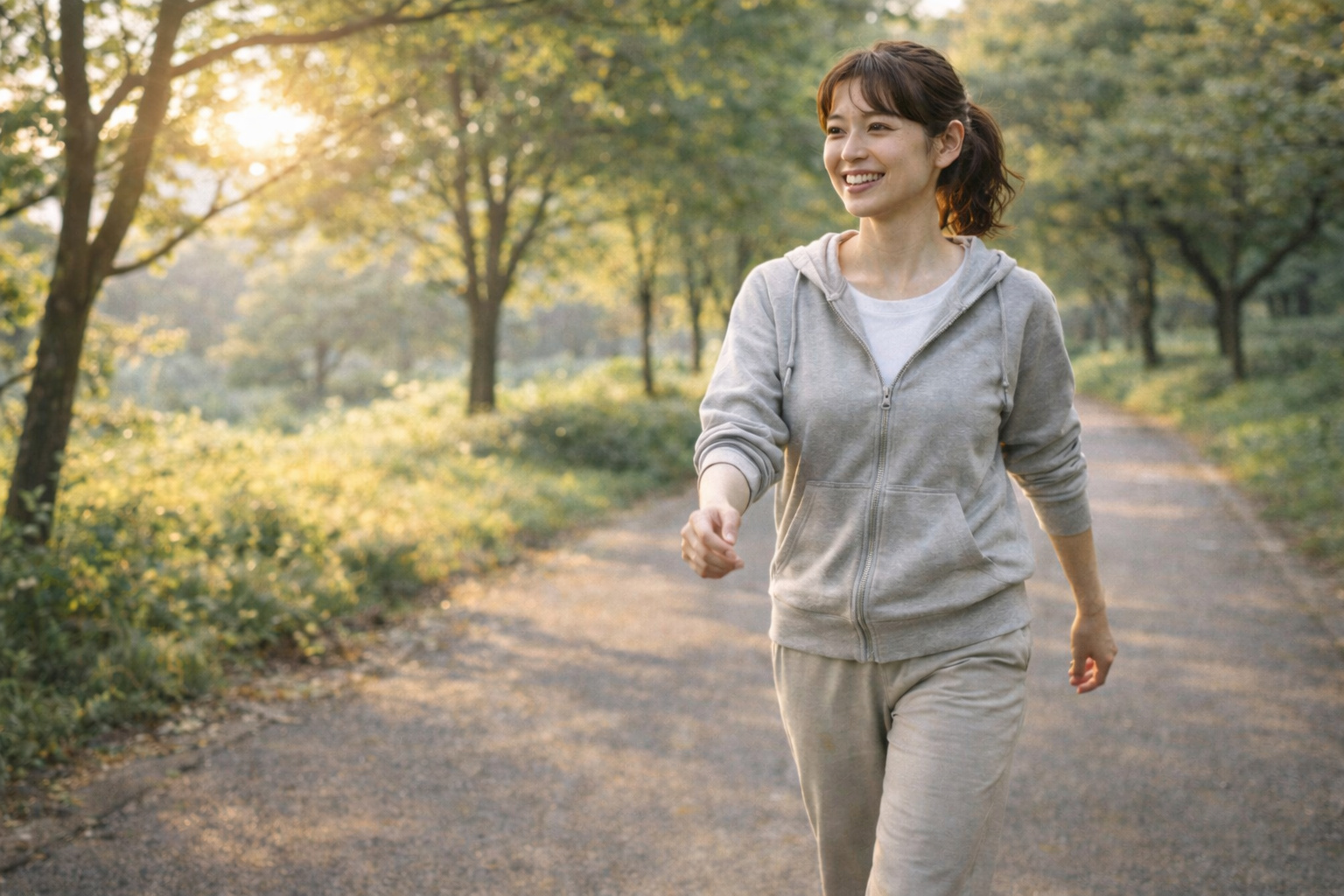 朝の公園を笑顔でウォーキングする日本人女性