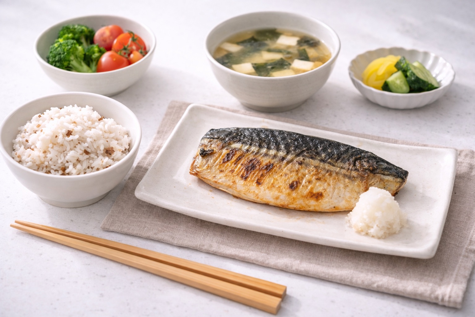 シンプルな食事の組み合わせを準備しているイメージ